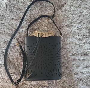 Chico's Black Laser-Cut Bucket Crossbody with Beige Drawstring